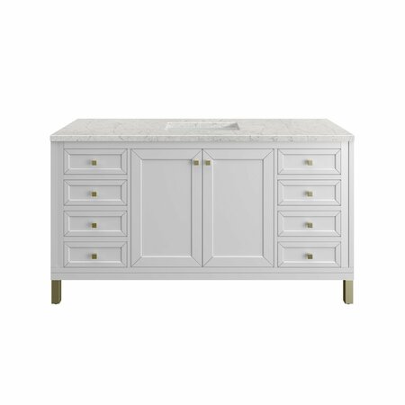 JAMES MARTIN VANITIES Chicago 60in Single Vanity, Glossy White w/ 3 CM Eternal Jasmine Pearl Top 305-V60S-GW-3EJP